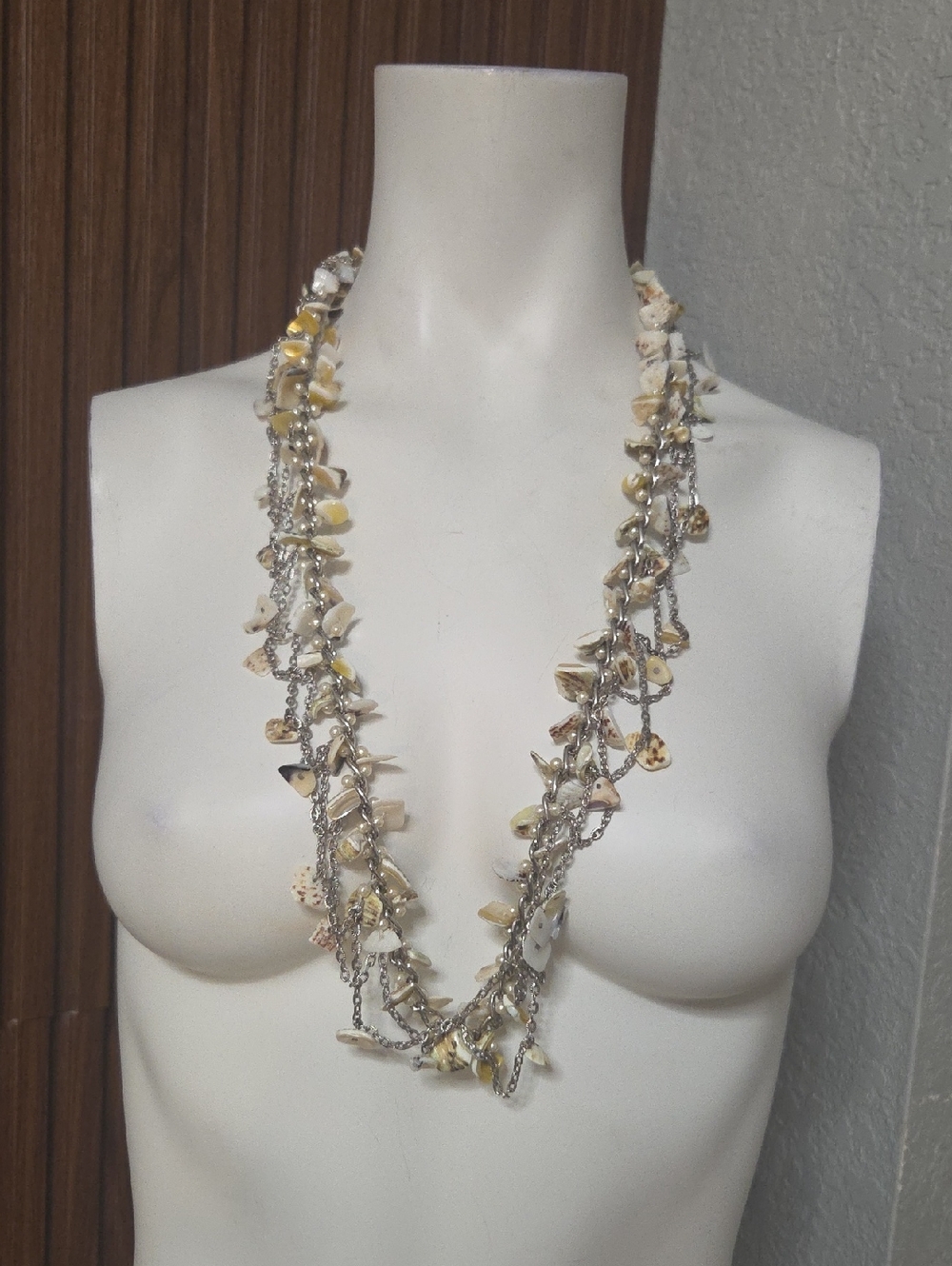 Express Multi-Strand Shell Chip Necklace in Cream and Pale Yellow 36 In